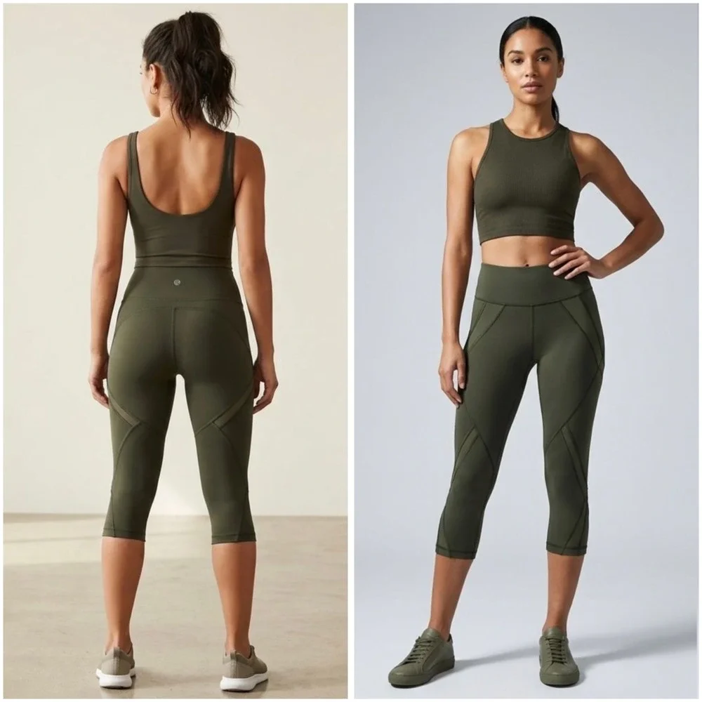 Lululemon Tight Stuff Crop II Dark‎ Olive Green Mesh Running Tights Yoga Size 2